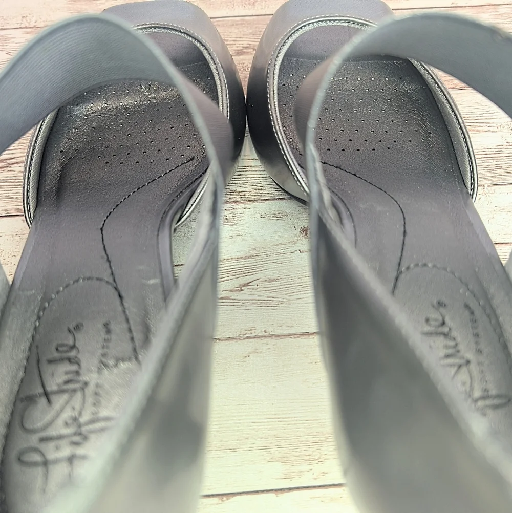 LifeStride Flex Dark Silver Pewter Open Toe Heels Metallic Size 9